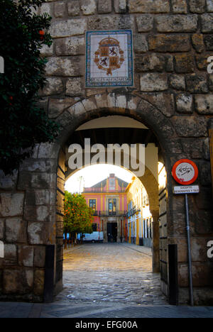 Ingresso ad arco, Alcazar e Plaza del Triunfo, Siviglia, Spagna Foto Stock