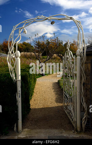 Il ferro battuto con forma ad arco arrampicata sagomata rose garden giardinaggio cancello di ingresso airfield house dundrum floreale RM Foto Stock
