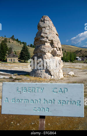 Liberty Cap caldo cono a molla si trova a Mammoth Hot Springs nel Parco Nazionale di Yellowstone, Wyoming negli Stati Uniti. Foto Stock