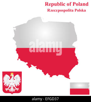 Bandiera e stemma della Repubblica di Polonia sovrapposto su schema dettagliato mappa isolati su sfondo bianco Foto Stock