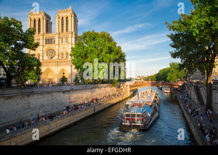 I parigini lungo il Fiume Senna, al di sotto della cattedrale di Notre Dame celebrare la Fête de la Musique - annuale city-wide music festival nel mese di giugno Foto Stock