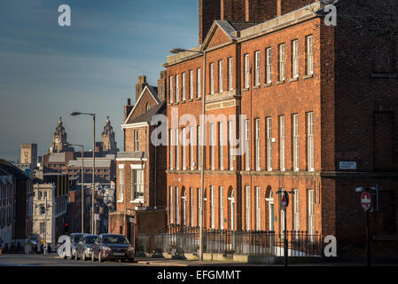 Il Georgian Mornington Crescent su superiore Duke Street in Liverpool con il Royal Liver Building in distanza. Foto Stock