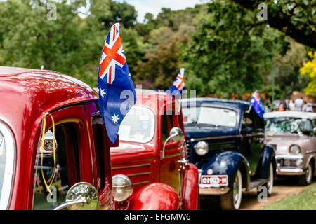 Automobili classiche sul display, RACV Australia Day picnic e Federazione Display del veicolo, Kings Domain, Melbourne, Victoria, Australia Foto Stock