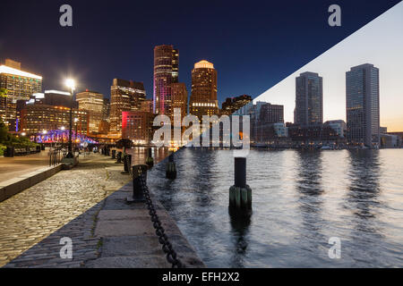 Skyline di Boston il giorno e la notte montage - Massachusetts - Stati Uniti d'America - Stati Uniti d'America Foto Stock