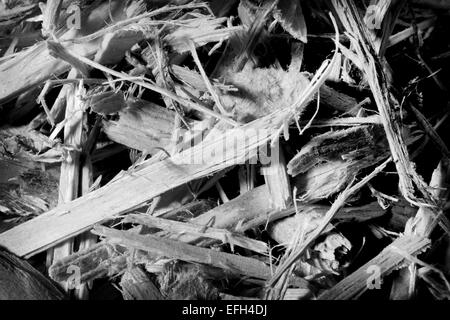 Close up di trucioli di legno per la biomassa, in bianco e nero Foto Stock