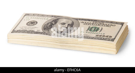 Pila di centinaia di fatture del dollaro ruotato isolati su sfondo bianco Foto Stock