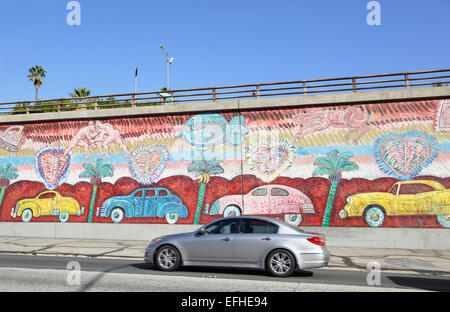 Frank Romero murale storico "andando alle Olimpiadi', noi superstrada 101, Los Angeles, California, Stati Uniti d'America Foto Stock