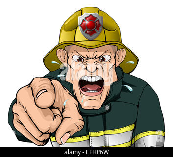 Un cartoon arrabbiato fire fighter personaggio urla e puntando il dito Foto Stock