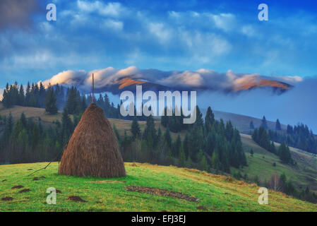 Da soli pagliaio in foggy mountain Foto Stock