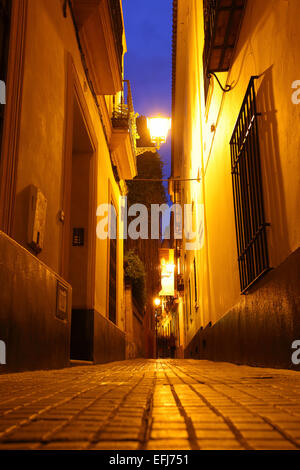 Strada stretta a Siviglia di notte, Spagna Foto Stock