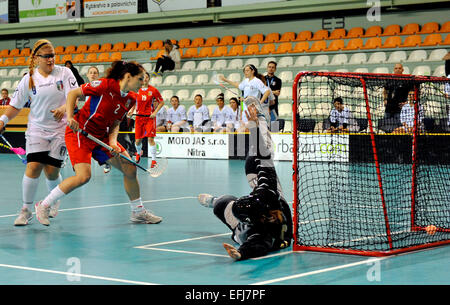 Nitra Slovacchia. 5 febbraio, 2015. Da sinistra a destra: Sara Pano (ITA), Zuzana Hubackova (CZE) e portiere Alberta Franco (ITA) in azione durante le donne floorball Campionato Mondiale Match di qualificazione Repubblica Ceca vs Italia in Nitra Slovacchia, giovedì 5 febbraio 2015. © Jan KOLLER CTK/foto/Alamy Live News Foto Stock