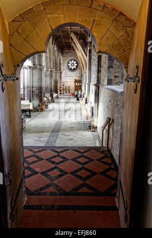 St Davids Cathedral (Gallese Eglwys Gadeiriol Tyddewi), è situato a St Davids nella contea di Pembrokeshire rosone Foto Stock