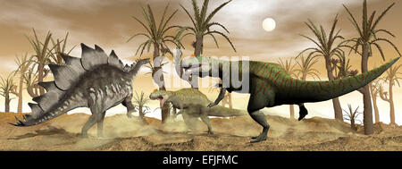 Due dinosauri Allosaurus attacco a lone Stegosaurus nel deserto. Foto Stock