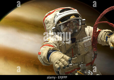 Un cosmonauta galleggia nello spazio al di sopra di un grande pianeta alieno. Foto Stock