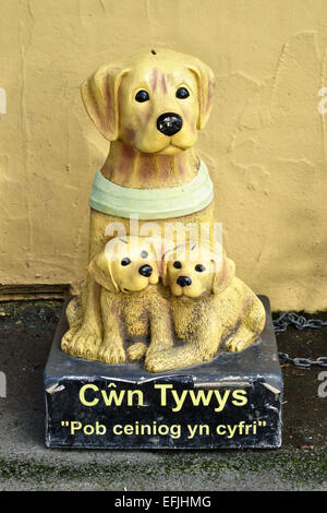 Una scatola da raccolta a forma di cane per Cwn Tywys Gwynedd, un gruppo di raccolta fondi per la Guide Dogs Association nel Galles del nord, Regno Unito Foto Stock