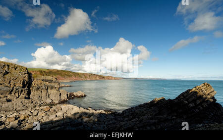 Vista da Stackpole Quay, Pembrokeshire, il Galles che mostra strati di roccia sul promontorio opposti Foto Stock