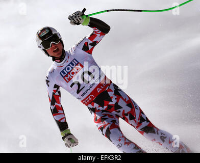 Vail, Colorado, Stati Uniti d'America. 05 feb 2015. Medaglia d'oro Hannes Reichelt dell'Austria reagisce dopo la mens Super-G presso lo sci alpino Campionati del Mondo di Vail - Beaver Creek, Colorado, Stati Uniti d'America, 05 febbraio 2015. Foto: Stephan Jansen/dpa Credito: dpa picture alliance/Alamy Live News Foto Stock