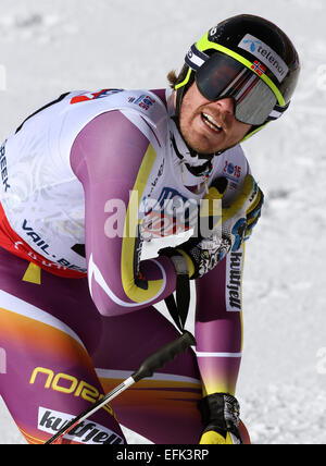 Vail, Colorado, Stati Uniti d'America. 05 feb 2015. Kjetil Jansrud di Norvegia reagisce dopo la mens Super-G presso lo sci alpino Campionati del Mondo di Vail - Beaver Creek, Colorado, Stati Uniti d'America, 05 febbraio 2015. Foto: Stephan Jansen/dpa Credito: dpa picture alliance/Alamy Live News Foto Stock