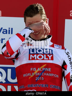 Vail, Colorado, Stati Uniti d'America. 05 feb 2015. Medaglia d'oro Hannes Reichelt dell'Austria reagisce dopo la mens Super-G presso lo sci alpino Campionati del Mondo di Vail - Beaver Creek, Colorado, Stati Uniti d'America, 05 febbraio 2015. Foto: Stephan Jansen/dpa Credito: dpa picture alliance/Alamy Live News Foto Stock