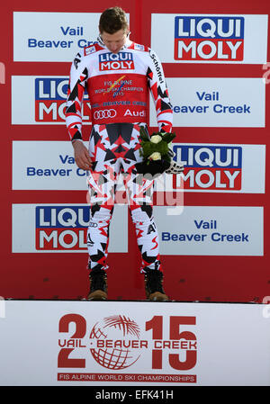 Vail, Colorado, Stati Uniti d'America. 05 feb 2015. Medaglia d'oro Hannes Reichelt dell'Austria reagisce dopo la mens Super-G presso lo sci alpino Campionati del Mondo di Vail - Beaver Creek, Colorado, Stati Uniti d'America, 05 febbraio 2015. Foto: Stephan Jansen/dpa Credito: dpa picture alliance/Alamy Live News Foto Stock