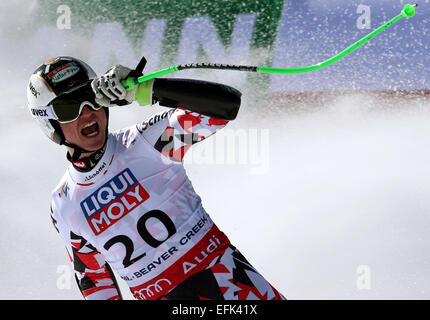 Vail, Colorado, Stati Uniti d'America. 05 feb 2015. Hannes Reichelt dell'Austria reagisce dopo gli uomini della Super-G presso lo sci alpino Campionati del Mondo di Vail - Beaver Creek, Colorado, Stati Uniti d'America, 05 febbraio 2015. Foto: Stephan Jansen/dpa Credito: dpa picture alliance/Alamy Live News Foto Stock