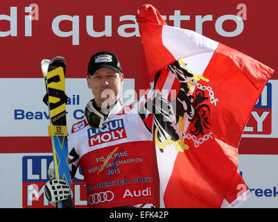 Vail, Colorado, Stati Uniti d'America. 05 feb 2015. Medaglia d'oro Hannes Reichelt dell'Austria reagisce dopo la mens Super-G presso lo sci alpino Campionati del Mondo di Vail - Beaver Creek, Colorado, Stati Uniti d'America, 05 febbraio 2015. Foto: Stephan Jansen/dpa Credito: dpa picture alliance/Alamy Live News Foto Stock