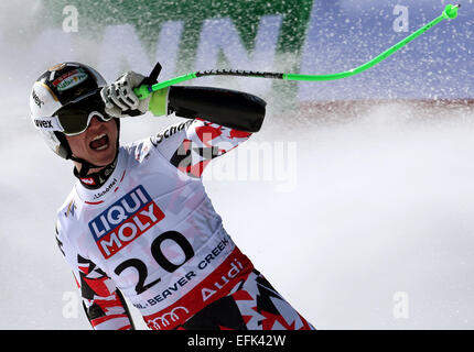 Vail, Colorado, Stati Uniti d'America. 05 feb 2015. dpatopbilder Hannes Reichelt dell'Austria reagisce dopo gli uomini della Super-G presso lo sci alpino Campionati del Mondo di Vail - Beaver Creek, Colorado, Stati Uniti d'America, 05 febbraio 2015. Foto: Stephan Jansen/dpa Credito: dpa picture alliance/Alamy Live News Foto Stock