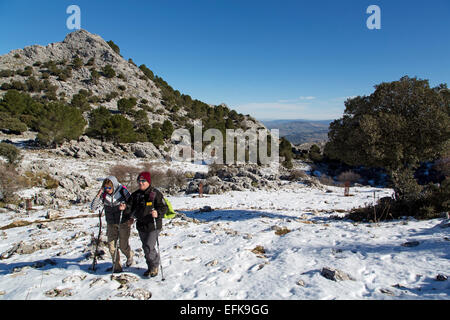 Gli escursionisti neve sentiero Sierra di Grazalema Cadice Andalusia Spagna Foto Stock