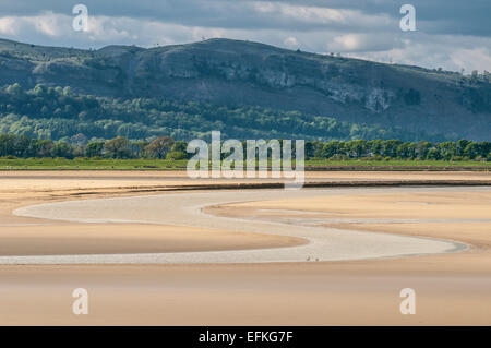 Il fiume Kent serpeggianti attraverso le sabbie del Kent estuario a bassa marea, come si vede dal Sandside in Cumbria. Maggio. Foto Stock