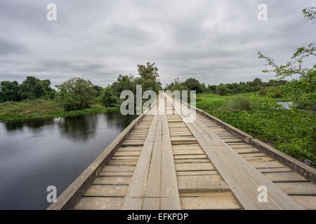 Transpantaneira Road con ponte di legno e auto in Pantantal Foto Stock