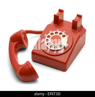 Il bianco e il rosso telefono rotante Sganciato isolati su sfondo bianco. Foto Stock