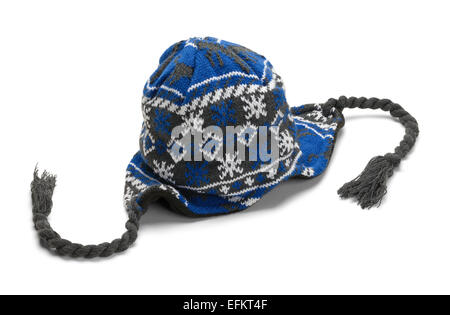 Blu e grigio inverno lana calza Hat isolati su sfondo bianco. Foto Stock