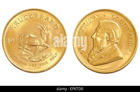 22 caret oro Krugerrand monete su sfondo bianco Foto Stock