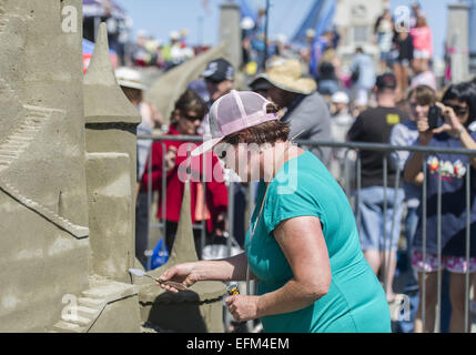 Christchurch, Nuova Zelanda. 7 febbraio, 2015. Serpenti di mare, sirene e castelli gigante germogliato dalla spiaggia di New Brighton alla quarta Nuova Zelanda castello di sabbia la concorrenza. Dilettanti e professionisti carving sabbia/scolpire i team e i singoli in concorrenza per i trofei e premi per la creazione di sculture di sabbia raffiguranti un tema di ''castelli della vostra mente, '' ''creatures del mare'' o ''Kiwiana. Credito: PJ Heller/ZUMA filo/Alamy Live News Foto Stock