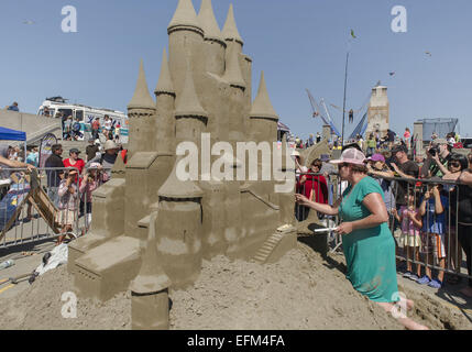 Christchurch, Nuova Zelanda. 7 febbraio, 2015. Serpenti di mare, sirene e castelli gigante germogliato dalla spiaggia di New Brighton alla quarta Nuova Zelanda castello di sabbia la concorrenza. Dilettanti e professionisti carving sabbia/scolpire i team e i singoli in concorrenza per i trofei e premi per la creazione di sculture di sabbia raffiguranti un tema di ''castelli della vostra mente, '' ''creatures del mare'' o ''Kiwiana. Credito: PJ Heller/ZUMA filo/Alamy Live News Foto Stock