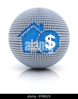 Mutui casa icona sul globo terrestre formato da dollar sign, 3D render Foto Stock