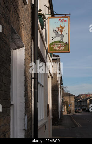 Musicanti di Brema pratica veterinaria segno indicante un gallo in piedi sul gatto in piedi su un cane in piedi su un asino, Clarendon Street, Cambridge, Regno Unito Foto Stock