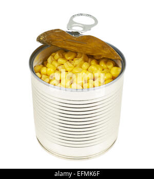 In metallo può pieno di chicchi di mais isolato Foto Stock