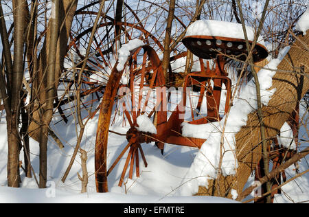 Vintage arrugginito attrezzature agricole in presenza di neve e di supporto albero. Foto Stock