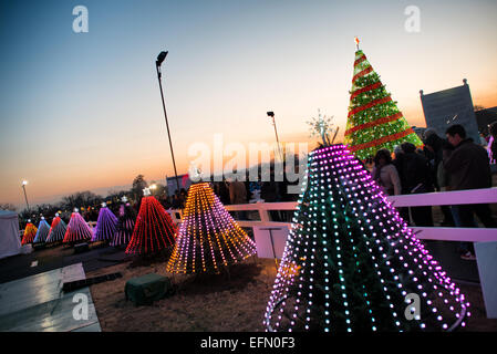 WASHINGTON, D.C., Stati Uniti — l'albero di Natale della Casa Bianca si erge decorato di fronte alla Casa Bianca durante il periodo delle festività. Questa tradizione annuale, risalente al 1923, presenta un grande sempreverde adornato con luci e ornamenti, che simboleggia lo spirito festivo e l'unità nazionale. La cerimonia di accensione degli alberi è un evento chiave a cui hanno partecipato il Presidente e la First Family. Foto Stock