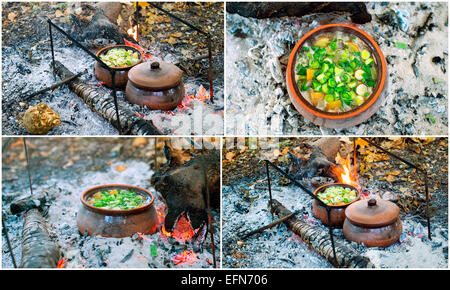 Collage - cottura in pentola sul fuoco Foto Stock