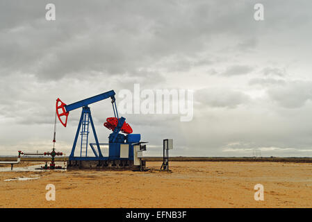 Pumpjack pompa olio funzionante a gas naturale nel campo il pompaggio da pozzo petrolifero. Foto Stock