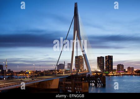 Ponte Erasmus (Olandese: Erasmusbrug) e dello skyline della città di Rotterdam al crepuscolo, Holland, Paesi Bassi. Foto Stock