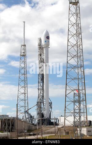Cape Canaveral, in Florida, Stati Uniti d'America. 8 febbraio, 2015. La SpaceX Falcon 9 razzo commerciale è impostata per il lancio di portante del NOAA dello spazio profondo Osservatorio Climatico spaziali, o DSCOVR, from Space Launch Complex 40 Febbraio 8, 2015 a Cape Canaveral, in Florida. Credito: Planetpix/Alamy Live News Foto Stock