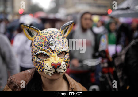 Bogotà, Colombia. 8 febbraio, 2015. Un residente prende parte a una protesta contro la decisione di permettere il ritorno di corride, nella città di Bogotà, Colombia, il 8 febbraio 2015. La Corte Costituzionale ha emesso l'ordine del ritorno di corride, che sono state sospese dal 2012, secondo la stampa locale. Credito: Jhon Paz/Xinhua/Alamy Live News Foto Stock