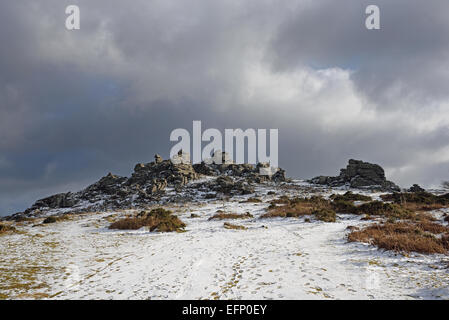 Hound Tor. Un alterato pesantemente affioramento di granito su Dartmoor Devon, Regno Unito. Foto Stock