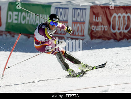 Beaver Creek, Colorado, Stati Uniti d'America. Il giorno 08 Febbraio, 2015. Medaglia d'argento Kjetil Jansrud di Norvegia reagisce dopo lo slalom di uomini della combinata presso lo sci alpino Campionati del Mondo di Vail - Beaver Creek, Colorado, Stati Uniti d'America, 08 febbraio 2015. Foto: Stephan Jansen/dpa/Alamy Live News Foto Stock