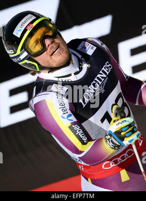 Beaver Creek, Colorado, Stati Uniti d'America. Il giorno 08 Febbraio, 2015. Kjetil Jansrud di Norvegia reagisce dopo la sua esecuzione in uomini Combined-Downhill alpino al FIS Mondiali di Sci in Beaver Creek, Colorado, Stati Uniti d'America, 08 febbraio 2015. Foto: Stephan Jansen/dpa/Alamy Live News Foto Stock