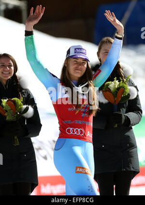 Beaver Creek, Colorado, Stati Uniti d'America. Il giorno 08 Febbraio, 2015. Medaglia d'oro Tina Maze di Slovenia festeggia dopo aver vinto il Ladies In Discesa a sci alpino Campionati del Mondo di Vail - Beaver Creek, Colorado, Stati Uniti d'America, 06 febbraio 2015. Foto: Stephan Jansen/dp/Alamy Live News Foto Stock