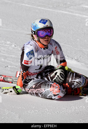 Beaver Creek, Colorado, Stati Uniti d'America. Il giorno 08 Febbraio, 2015. Tina Weirather del Liechtenstein reagisce dopo la sua esecuzione nel Signore " Discesa a sci alpino Campionati del Mondo di Vail - Beaver Creek, Colorado, Stati Uniti d'America, 06 febbraio 2015. Foto: Stephan Jansen/dp/Alamy Live News Foto Stock